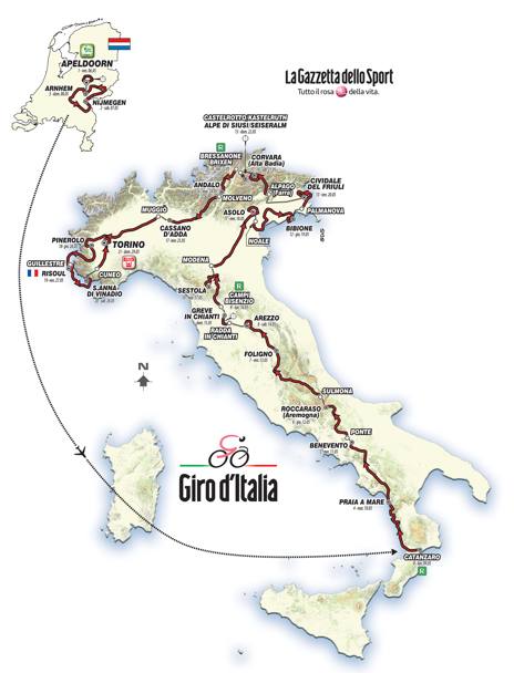 Il Giro d&#39;Italia 2016 si svolge dal 6 al 29 maggio. Il percorso totale è lungo 3.383 km. Ecco le altimetrie di tutte le tappe e i dettagli in 3D delle salite più impegnative